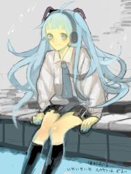 Rule 34 | 1girl, ahoge, alternate hairstyle, aqua hair, bad drawr id, bad id, beamed eighth notes, black nails, black skirt, black thighhighs, blue eyes, blue hair, closed mouth, collared shirt, eighth note, hatsune miku, headphones, kima, kneehighs, long hair, long sleeves, looking at viewer, musical note, necktie, oekaki, piano keys, shirt, sitting, skirt, smile, socks, solo, thighhighs, translation request, twintails, very long hair, vocaloid, white shirt