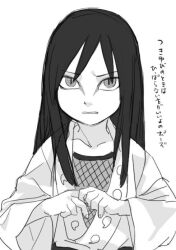 Rule 34 | aged down, black hair, eyeliner, holding finger, japanese clothes, japanese text, kimono, long hair, long sleeves, looking at viewer, makeup, monochrome, naruto (series), nervous, orochimaru (naruto), pale skin, translation request