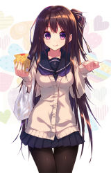 Rule 34 | 1girl, :q, bag, black skirt, breasts, brown hair, brown ribbon, cardigan, closed mouth, cowboy shot, food, hands up, heart, heart background, holding, holding bag, holding food, long hair, looking at viewer, medium breasts, miniskirt, neckerchief, one side up, original, pantyhose, pleated skirt, purple eyes, purple neckerchief, ribbon, school uniform, serafuku, skewer, skirt, smile, solo, striped ribbon, sushikuugo (suisen), tongue, tongue out, very long hair