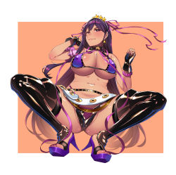 Rule 34 | 1girl, bb (fate), bb (fate) (all), bb (swimsuit mooncancer) (fate), bb (swimsuit mooncancer) (fate) (cosplay), bb (swimsuit mooncancer) (second ascension) (fate), bikini, black thighhighs, breasts, commentary request, cosplay, covered erect nipples, dark-skinned female, dark skin, earrings, fate/grand order, fate (series), female admiral (kancolle), fingerless gloves, fingernails, gloves, hairband, hiememiko, highres, jewelry, kantai collection, large breasts, lips, long hair, micro bikini, micro shorts, nail polish, navel, partially visible vulva, platform footwear, platform heels, purple eyes, purple hair, short shorts, shorts, solo, spread legs, swimsuit, thighhighs, toenails, underboob