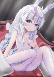 Rule 34 | 1girl, ahoge, animal ear fluff, animal ears, ass, azur lane, blue eyes, braid, breasts, couch, fake animal ears, furannsupaku, hand on own chest, highres, knees together feet apart, knees up, le malin (azur lane), le malin (listless lapin) (azur lane), legs, leotard, long hair, pantyhose, pillow, playboy bunny, rabbit ears, silver hair, sitting, small breasts, solo, thigh strap, thighs, twin braids, twintails, white leotard, white pantyhose, wrist cuffs