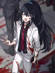 Rule 34 | 1boy, 3others, black hair, black shirt, blood, blood on clothes, blood on face, bracelet, closed eyes, collared shirt, dagger, high ponytail, highres, holding, holding dagger, holding knife, holding weapon, hong lu (project moon), jacket, jewelry, knife, limbus company, long hair, long sleeves, male focus, multiple others, necktie, open mouth, pants, project moon, red necktie, shiki (shikki46), shirt, smile, solo focus, very long hair, weapon, white jacket, white pants