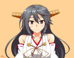 Rule 34 | 10s, 1girl, bare shoulders, black hair, blush, brown eyes, collarbone, dated, detached sleeves, hair ornament, hairband, hairclip, haruna (kancolle), headgear, japanese clothes, kantai collection, long hair, looking at viewer, nishiumi yuuta, nontraditional miko, ribbon-trimmed sleeves, ribbon trim, signature, smile, solo, upper body