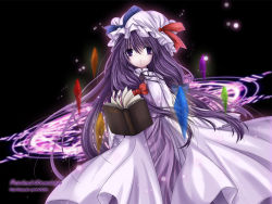 Rule 34 | 1girl, book, cowboy shot, crescent, female focus, floating, floating object, grimoire, long hair, long sleeves, looking at viewer, magic circle, open book, patchouli knowledge, purple eyes, purple hair, solo, standing, touhou, very long hair, x20285