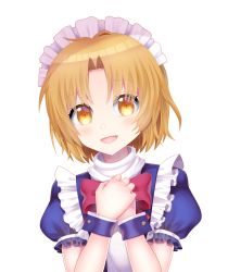 Rule 34 | 1girl, absurdres, blonde hair, blue dress, bow, bowtie, commentary request, dress, head tilt, highres, kana-anaveral, maid headdress, mugetsu (touhou), open mouth, own hands together, puffy short sleeves, puffy sleeves, red bow, red bowtie, short sleeves, simple background, solo, touhou, touhou (pc-98), turtleneck, upper body, white background, wrist cuffs, yellow eyes