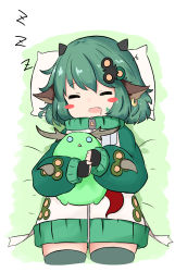 Rule 34 | 1girl, = =, animal, animal ears, animal hug, antlers, bailingxiao jiu, bed sheet, black gloves, blush stickers, cowboy shot, creature, cropped legs, drooling, ear piercing, facial mark, fang, fingerless gloves, gloves, green hair, grey thighhighs, hair ornament, highres, horns, hug, jacket, long sleeves, lying, on back, open mouth, original, piercing, pillow, puffy long sleeves, puffy sleeves, saliva, sleeping, sleeves past wrists, solo, thighhighs, wavy mouth, white jacket, zzz