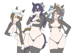 Rule 34 | 3girls, absurdres, alternate costume, blue hair, breasts, brown hair, cheval grand (umamusume), commentary, dark blue hair, dewanewbie, earrings, embarrassed, hat, highres, horse girl, jewelry, large breasts, long hair, looking at viewer, medium breasts, multiple girls, navel, one eye closed, open mouth, purple eyes, siblings, simple background, single earring, sisters, symbol-only commentary, thighhighs, umamusume, v sisters, verxina (umamusume), vivlos (umamusume), white background
