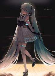 Rule 34 | 1girl, absurdly long hair, aqua eyes, aqua hair, arms behind back, backlighting, dress, elbow gloves, fingerless gloves, from side, full body, gloves, hatsune miku, high heels, highres, interlocked fingers, long hair, looking at viewer, moegi0926, smile, solo, thighhighs, twintails, very long hair, vocaloid, white thighhighs