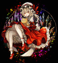 Rule 34 | 1girl, abandon ranka, ascot, blonde hair, bobby socks, flandre scarlet, frilled shirt collar, frills, full body, hat, high heels, mob cap, open mouth, petticoat, puffy short sleeves, puffy sleeves, red eyes, red footwear, red skirt, red vest, shirt, shoes, short sleeves, side ponytail, skirt, skirt set, socks, solo, stuffed animal, stuffed toy, teddy bear, touhou, vest, white shirt, wings