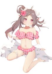 Rule 34 | 1girl, :o, absurdres, animal ears, antenna hair, arknights, bikini, blush, breasts, brown hair, eyjafjalla (arknights), eyjafjalla (summer flower) (arknights), flower, hair flower, hair ornament, hair rings, highres, horns, long hair, looking at viewer, navel, off-shoulder bikini, off shoulder, official alternate costume, pink bikini, pink eyes, pink flower, plaid, plaid bikini, q.y. (fdtyh), sheep ears, sheep girl, sheep horns, simple background, sitting, small breasts, solo, stomach, swimsuit, wariza, white background