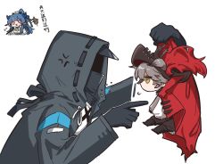 Rule 34 | 1boy, 1girl, 1other, anger vein, arknights, black gloves, black headwear, black jacket, blue eyes, blue hair, cape, chibi, commentary request, doctor (arknights), from side, gloves, grey eyes, grey hair, highres, holding, hood, hooded jacket, jacket, jitome, ling (arknights), long sleeves, mabing, phantom (arknights), phantom (focus) (arknights), red cape, shirt, simple background, translation request, upper body, white background, white shirt