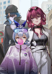 Rule 34 | 1boy, 2girls, absurdres, alternate costume, badge, beanie, black beanie, black choker, black coat, black hair, black shirt, blade (honkai: star rail), blowing bubbles, bow, breasts, button badge, chewing gum, chinese commentary, choker, chu yin fanzi, cityscape, cleavage, coat, commentary request, cropped jacket, crossed bangs, ear piercing, earrings, eyewear on head, glasses, grey hair, hair between eyes, hair bow, hands in pockets, hat, highres, honkai: star rail, honkai (series), hood, hoodie, id card, jacket, jewelry, kafka (honkai: star rail), large breasts, looking at another, mask, mouth mask, multicolored hair, multiple girls, outdoors, pants, piercing, pince-nez, pink eyes, pink hoodie, purple bow, purple eyes, purple hair, ribbed sweater, round eyewear, shirt, silver wolf (honkai: star rail), smile, spider web print, streaked hair, sunglasses, sweater, white jacket, white mask, white pants, white sweater