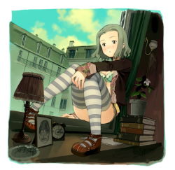 Rule 34 | 1girl, ashtray, blush, book, bra, building, clock, drawing (object), lamp, open clothes, original, plant, potted plant, short hair, sitting, solo, striped clothes, striped thighhighs, thighhighs, underwear, yoshida seiji