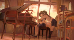Rule 34 | 2girls, absurdres, black footwear, black socks, blouse, brown eyes, brown hair, chair, closed mouth, commentary request, grand piano, highres, hug, hug from behind, indoors, instrument, kneehighs, leaning forward, loafers, long hair, long sleeves, looking at another, looking back, miniskirt, multiple girls, music stand, neckerchief, original, partial commentary, piano, pleated skirt, radio1985head, red neckerchief, school uniform, serafuku, shirt, shoes, short hair, sitting, skirt, smile, socks, standing, twilight, white legwear, white shirt, window, yuri