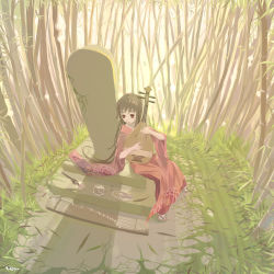 Rule 34 | 1girl, bamboo, bamboo forest, bird, brown hair, chopsticks, forest, grave, instrument, japanese clothes, kimono, koto (instrument), nature, original, red eyes, solo, vofan