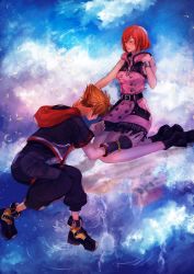 Rule 34 | 1boy, 1girl, belt, black footwear, black jacket, black pants, blush, boots, breasts, brown hair, buttons, cloud, cloudy sky, couple, dress, closed eyes, hair between eyes, hand on another&#039;s neck, highres, hood, hood down, hooded dress, hooded jacket, jacket, kairi (kingdom hearts), kingdom hearts, kingdom hearts iii, kneeling, medium breasts, pants, parted lips, pink dress, plaid, pleated dress, red eyes, red hood, ripples, sera (serappi), short dress, short hair, sky, sleeveless, sleeveless dress, sora (kingdom hearts), spiked hair, wristband