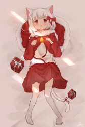 Rule 34 | 1girl, animal ears, bell, box, cat ears, cat girl, cat tail, chinese commentary, christmas, christmas present, commentary request, full body, fur trim, gift, gift box, highres, long sleeves, looking at viewer, neck bell, open mouth, original, red eyes, red skirt, rune xiao, santa costume, short hair, signature, skirt, solo, tail, thighhighs, white hair, white thighhighs