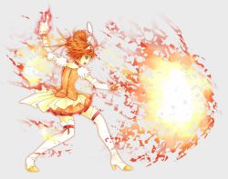 Rule 34 | 1girl, attack, bike shorts, boots, cai-man, choker, cure sunny, elbow gloves, fire, fireball, fire, gloves, grey background, hair bun, high heel boots, high heels, highres, hino akane (smile precure!), holding flame, kusanagi kyou, long hair, orange eyes, orange hair, orochinagi (attack), precure, pyrokinesis, red ribbon, ribbon, shorts, shorts under skirt, simple background, single hair bun, smile precure!, solo, the king of fighters, thigh boots, thighhighs, tiara, trait connection, white footwear