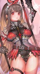 Rule 34 | 1girl, armor, axe, belt, blood, bloody weapon, brown hair, earrings, facial mark, fantasy, frills, gloves, halberd, holding, holding axe, holding weapon, jewelry, leotard, light brown hair, long hair, multicolored hair, original, outdoors, parted lips, polearm, red eyes, shiny skin, single earring, solo, sweat, tareme, thigh strap, turtleneck, very long hair, voruvoru, weapon