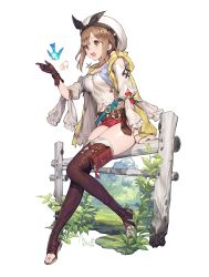 Rule 34 | 1girl, atelier (series), atelier ryza, atelier ryza 1, belt, beret, bird, blush, boots, breasts, brown eyes, brown footwear, brown gloves, brown hair, cleavage, commentary request, fence, full body, gloves, hair ornament, hairclip, hat, jewelry, mandrill, navel, necklace, open mouth, pouch, red shorts, reisalin stout, short shorts, shorts, single glove, sitting, solo, thigh boots, thighhighs, thighs, toeless footwear
