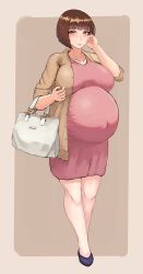 Rule 34 | 13otsu, 1girl, absurdres, bag, big belly, blush, bob cut, breasts, brown hair, collarbone, dress, full body, handbag, highres, jacket, large breasts, looking at viewer, original, outie navel, pregnant, shoes, short hair, sidelocks, simple background, solo, standing, yellow eyes