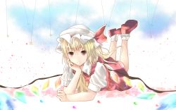 Rule 34 | 1girl, absurdres, ascot, bad id, bad pixiv id, blonde hair, conesa, female focus, flandre scarlet, hat, hat ribbon, highres, legs up, looking at viewer, lying, on stomach, petals, puffy sleeves, red eyes, ribbon, shirt, short sleeves, side ponytail, skirt, skirt set, solo, star (symbol), touhou, wings