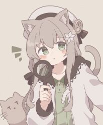 Rule 34 | 1girl, :c, absurdres, animal ears, beret, blush, brown background, brown hair, cat, cat ears, cat girl, cat tail, collarbone, colon br, dutch angle, green eyes, hair ornament, hat, highres, holding, holding magnifying glass, hood, hood down, hooded jacket, jacket, long hair, long sleeves, looking at viewer, magnifying glass, notice lines, open clothes, open jacket, open mouth, original, sidelocks, simple background, solo, straight hair, tail, upper body, white hat, white jacket