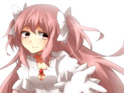 Rule 34 | 10s, 1girl, bad id, bad pixiv id, bow, hair bow, kaname madoka, long hair, magical girl, mahou shoujo madoka magica, mahou shoujo madoka magica (anime), pink eyes, pink hair, simple background, smile, solo, spoilers, twintails, two side up, ultimate madoka, wadayaki, white background