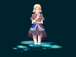 Rule 34 | 1girl, arm warmers, blonde hair, female focus, green eyes, hand on own chest, highres, mizuhashi parsee, pointy ears, scarf, short hair, solo, takuzui, touhou, wading, water