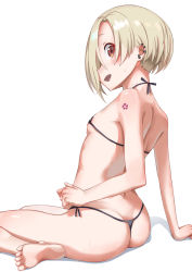 Rule 34 | 1girl, arm support, ass, bad id, bad pixiv id, bare shoulders, barefoot, bikini, black bikini, blonde hair, breasts, commentary request, ear piercing, feet, from behind, hair over one eye, highres, idolmaster, idolmaster cinderella girls, koromo take, looking at viewer, looking back, micro bikini, open mouth, piercing, red eyes, shiny skin, shirasaka koume, short hair, shoulder tattoo, side-tie bikini bottom, simple background, sitting, small breasts, soles, solo, swimsuit, tattoo, thong, toes, wariza, white background