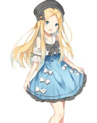 Rule 34 | 1girl, :d, abigail williams (animejapan 2018) (fate), abigail williams (fate), bare shoulders, black bow, black hat, blonde hair, blue eyes, blue skirt, blush, bow, commentary request, dress, fate/grand order, fate (series), forehead, hair bow, hat, highres, long hair, official alternate costume, open mouth, parted bangs, shirt, simple background, skirt, sleeveless, sleeveless dress, sleeveless shirt, smile, solo, very long hair, white background, white bow, white shirt, yukaa