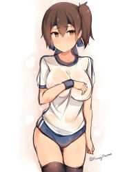 Rule 34 | 10s, 1girl, alternate costume, black thighhighs, blush, breasts, brown eyes, brown hair, buruma, covering privates, covering breasts, covering nipples, gym uniform, headband, highres, kaga (kancolle), kantai collection, large breasts, looking at viewer, see-through, short hair, shuuichi, side ponytail, simple background, sketch, solo, sweat, thighhighs, white background, wristband