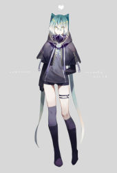 Rule 34 | 1girl, aqua hair, asymmetrical legwear, black capelet, black gloves, black shirt, blue socks, broken heart, capelet, closed mouth, commentary request, contrapposto, copyright name, full body, gloves, gradient hair, grey background, hair between eyes, hand in pocket, hatsune miku, heart, kneehighs, long hair, looking to the side, multicolored hair, shirt, short shorts, shorts, simple background, socks, solo, standing, standing on one leg, twintails, uneven legwear, very long hair, vocaloid, yamakawa, yellow eyes