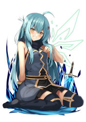 Rule 34 | 1girl, antenna hair, bare shoulders, belt, black belt, black footwear, black scarf, black skirt, blue hair, blush, boots, braid, commentary request, dagger, facial scar, fingernails, floating hair, fortissimo, french braid, full body, glint, glowing, glowing weapon, grey shirt, grin, hair between eyes, hair flip, hair ornament, hand up, head tilt, highres, knife, long hair, looking at viewer, mahcdai, musical note, musical note hair ornament, original, planol note, pleated skirt, scar, scar on cheek, scar on face, scarf, shirt, sidelocks, simple background, sitting, skirt, sleeveless, sleeveless shirt, smile, solo, thigh boots, thighhighs, very long hair, wariza, weapon, white background, wings, yellow eyes