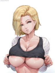Rule 34 | 10s, 1girl, absurdres, android 18, areola slip, blonde hair, blue eyes, breasts, clothes lift, covered erect nipples, cutesexyrobutts, dragon ball, highres, large breasts, shirt lift, short hair, simple background, solo, tagme, underboob
