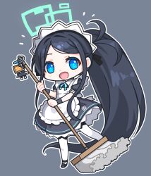 Rule 34 | &lt;key&gt; (robot) (blue archive), 1girl, :d, absurdly long hair, apron, aris (blue archive), aris (maid) (blue archive), black hair, blue archive, blue bow, blue bowtie, blue eyes, bow, bowtie, chibi, commentary request, full body, hair bow, hair ribbon, halo, highres, holding, holding mop, long hair, looking at viewer, maid, maid apron, maid headdress, mary janes, mop, official alternate costume, open mouth, pantyhose, parted bangs, ran system, ribbon, shoes, short sleeves, side ponytail, sidelocks, simple background, smile, solo, standing, standing on one leg, very long hair, white pantyhose, wristband