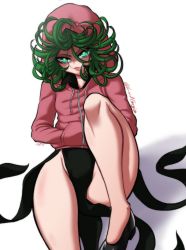 Rule 34 | absurdres, bright pupils, curly hair, dress, flat chest, green eyes, green hair, hands in pockets, highres, hood, hood up, hooded jacket, hoodie, jacket, looking at viewer, lord guyis, one-punch man, pink jacket, tatsumaki, thighs, white pupils