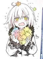 Rule 34 | 1girl, ahoge, art tools in frame, blush, fate/grand order, fate (series), flying sweatdrops, fur-trimmed jacket, fur-trimmed sleeves, fur trim, hair between eyes, holding, jacket, jeanne d&#039;arc (fate), jeanne d&#039;arc alter (fate), jeanne d&#039;arc alter (ver. shinjuku 1999) (fate), long sleeves, looking at viewer, official alternate costume, on head, open mouth, photo (medium), saint quartz (fate), sofra, solo, sweat, too many, traditional media, upper body, v-shaped eyebrows, white hair, wicked dragon witch ver. shinjuku 1999, yellow eyes