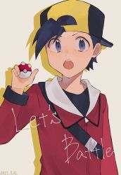 Rule 34 | 1boy, backwards hat, baseball cap, black hair, black shirt, commentary request, creatures (company), dated, ethan (pokemon), game freak, grey eyes, hand up, hat, highres, holding, holding poke ball, jacket, long sleeves, male focus, nintendo, open mouth, osigatoutoi tou, poke ball, pokemon, pokemon hgss, red jacket, shirt, short hair, solo, strap, teeth, upper teeth only
