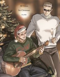 Rule 34 | 2boys, albert wesker, alcohol, black socks, blonde hair, brown hair, chair, champagne, champagne flute, chris redfield, christmas, christmas tree, closed eyes, closed mouth, crossed legs, cup, drinking glass, green sweater, guitar, hat, highres, instrument, male focus, multiple boys, muscular, non-web source, open mouth, resident evil, santa hat, slippers, socks, sunglasses, sweater, tatsumi (psmhbpiuczn), white sweater