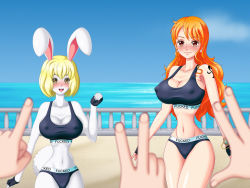 Rule 34 | 2girls, 3boys, breasts, rabbit, carrot (one piece), cleavage, large breasts, long hair, multiple boys, multiple girls, nami (one piece), one piece, orange hair, smile, tail, tattoo