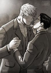 Rule 34 | 2boys, animification, artist name, closed mouth, couple, cris art, eye contact, formal, greyscale, hand on another&#039;s back, hand on another&#039;s shoulder, holding hands, hulkling, jacket, looking at another, male focus, marvel, monochrome, multiple boys, open clothes, open jacket, patreon username, shirt, short hair, smile, suit, upper body, vest, wiccan, yaoi