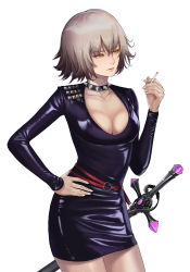 Rule 34 | 1girl, absurdres, breasts, brown eyes, cigarette, cleavage, collar, collarbone, fate/grand order, fate (series), hand on own hip, highres, holding, holding cigarette, huge filesize, jeanne d&#039;arc (fate), jeanne d&#039;arc alter (avenger) (fate), jeanne d&#039;arc alter (fate), joe (j studio), large breasts, long sleeves, looking away, short hair, smoking, solo, spiked collar, spikes, sword, weapon, white hair