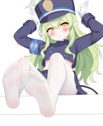Rule 34 | 1girl, absurdres, black hat, black jacket, black skirt, black tail, blue archive, blush, closed mouth, demon tail, gloves, green hair, green halo, gugu0v0, hair between eyes, halo, hat, highres, hikari (blue archive), jacket, long hair, long sleeves, looking at viewer, pantyhose, peaked cap, pleated skirt, pointy ears, simple background, skirt, soles, solo, tail, toes, white background, white gloves, white pantyhose, yellow eyes