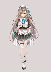 Rule 34 | 1girl, absurdres, apron, asuna (blue archive), black footwear, black shirt, black skirt, blue archive, blue eyes, blue ribbon, breasts, choker, cleavage, full body, gloves, grey background, grey hair, hair ribbon, hand up, highres, large breasts, long hair, looking at viewer, maid, maid apron, maid headdress, miniskirt, mole, mole on breast, neck ribbon, pleated skirt, puffy short sleeves, puffy sleeves, ribbon, shirt, shoes, short sleeves, simple background, skirt, smile, solo, standing, thighhighs, tufang, very long hair, waist apron, white apron, white gloves, white thighhighs, zettai ryouiki