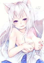 Rule 34 | 1girl, :p, animal ear fluff, animal ears, blue skirt, blush, breasts, breasts out, brown eyes, chita (ketchup), closed mouth, collarbone, covering privates, covering breasts, fox ears, fox tail, highres, large breasts, lips, long hair, looking at viewer, multicolored eyes, nipple slip, nipples, off shoulder, open clothes, original, purple eyes, signature, silver hair, simple background, skirt, smile, solo, tail, tongue, tongue out, topless, upper body, white background
