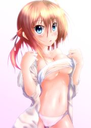 Rule 34 | 1girl, :o, absurdres, bad id, bad pixiv id, bare shoulders, blue eyes, blush, breasts, brown hair, cameltoe, cleavage, cleft of venus, colorized, dress shirt, gradient background, highres, konoe subaru, large breasts, looking at viewer, mayo chiki!, navel, neko neko koneko, no pants, open clothes, open mouth, open shirt, panties, sarashi, shirt, short hair, simple background, sleeves pushed up, solo, underboob, underwear, undressing, white panties