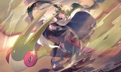 Rule 34 | 1girl, 1other, bandaged arm, bandages, brown cape, cape, claws, commentary, creatures (company), crop top, double bun, dragon, dragon wings, flygon, flying, game freak, gen 3 pokemon, gloves, green hair, ground miku (project voltage), hair between eyes, hair bun, hatsune miku, highres, long hair, midriff, mipi, nintendo, orange eyes, pants, pokemon, pokemon (creature), project voltage, sand, sandstorm, smile, twintails, very long hair, vocaloid, white gloves, wings