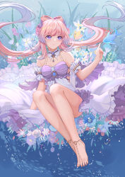 Rule 34 | 1girl, air bubble, artist name, bare legs, barefoot, barefoot sandals (jewelry), blush, breasts, brooch, bubble, cleavage, closed mouth, commentary request, convenient leg, detached collar, detached sleeves, dress, fish, flower, frilled dress, frills, full body, gem, genshin impact, gradient hair, hair ornament, hair rings, highres, jewelry, lixiang guo alice, long hair, medium breasts, multicolored hair, purple background, purple eyes, purple hair, sangonomiya kokomi, short dress, short sleeves, sidelocks, sitting, smile, solo, twintails, two-tone dress, underwater, very long hair, vision (genshin impact), white dress, wide sleeves