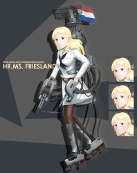 Rule 34 | 1girl, absurdres, black neckerchief, blonde hair, blush, brown eyes, brown pantyhose, cannon, character name, clothes writing, commentary, commission, english commentary, expressions, full body, grey background, gun, highres, long hair, long sleeves, looking at viewer, neckerchief, original, pantyhose, parted lips, personification, radar, rigging, ryan greythorn, shin guards, shirt, signature, smile, solo, striped clothes, striped shirt, telnyashka, two-tone background, weapon, world of warships